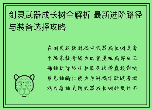 剑灵武器成长树全解析 最新进阶路径与装备选择攻略