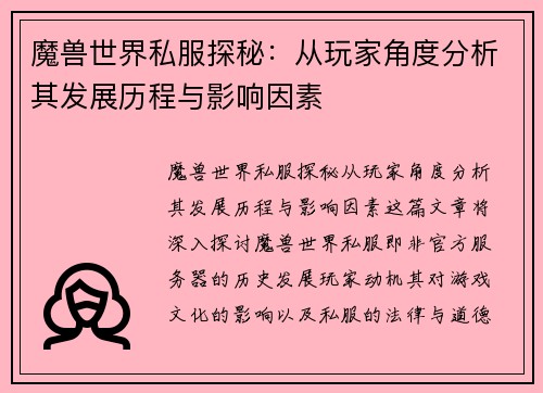 魔兽世界私服探秘：从玩家角度分析其发展历程与影响因素